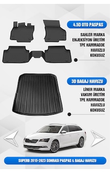 Sahler Skoda Superb 2015-2023 Uyumlu 4.5d Premium Havuzlu Oto Paspas Ve Liner Marka 3d Bagaj Havuzu