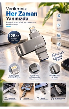 Döner Tasarımlı 128gb Lightning Type C Usb Flash Bellek Telefon Tablet Ve Bilgisayar Uyumlu Diğer Döner Tasarımlı 128gb Lightning Type C Usb Flash Bellek Telefon Tablet Ve Bilgisayar Uyumlu Diğer