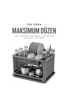 2 Katlı Geniş Hacimli Bulaşıklık Kaşıklık Bölmeli, Su Toplama Tepsili, Pratik Mutfak Düzenleyici Gri 2 Katlı Geniş Hacimli Bulaşıklık Kaşıklık Bölmeli, Su Toplama Tepsili, Pratik Mutfak Düzenleyici Gri