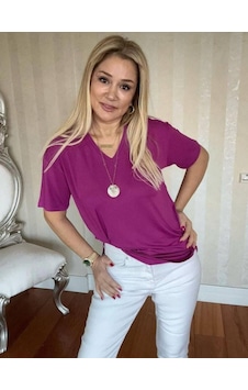 Dogutrend Kadın Kısa Kollu V Yaka Bluz Fuşya