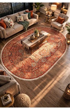 Frenda Home Vintage Desen Pamuk Taban Baskılı Yıkanabilir Oval Halı Kırmızı