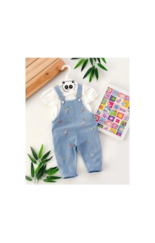 Caliskanonline Çiçek Desenli Kız Bebek 2li Kot Salopet Beyaz-kısa Beyaz-kısa
