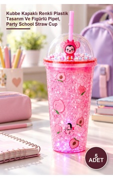 5 Adet Işıklı Pipetli Bardak Kubbe Kapaklı Renkli Plastik Tasarım Ve Figürlü Pipet, Party School Straw Cup Desenli