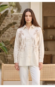 Lale Butik Nakış Ve Boncuk Detaylı Gömlek 17034 Bej02 Lale Butik Nakış Ve Boncuk Detaylı Gömlek 17034 Bej02