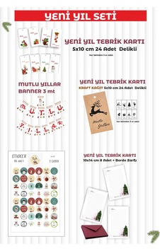 Yeni Yıl Yılbaşı Tebrik Kartı Etiket Banner Seti