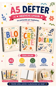 Zumio A5 Motivasyon Defteri Bloom, Create, Dream Tasarımlı Çizgisiz Spiralli Defter 60 Yaprak Düz Zumio A5 Motivasyon Defteri Bloom, Create, Dream Tasarımlı Çizgisiz Spiralli Defter 60 Yaprak Düz
