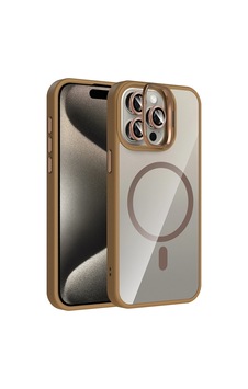 Apple   Uyumlu iPhone 15 Pro Max Kılıf Standlı Ve  Kamera Lens li M-safe Şarj Özellikli Zore Etro Kapak Desert Titanyum