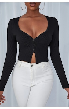 I-moda Kadın Siyah Uzun Kollu Düğmeli Göğüs Ve Göbek Dekolteli Crop Top Bluz I-moda Kadın Siyah Uzun Kollu Düğmeli Göğüs Ve Göbek Dekolteli Crop Top Bluz