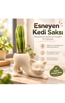 Esneyen Kedi Saksı Dekoratif Kaktüs Ve Sukulent Saksısı Beyaz