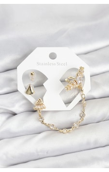 Mey İthalat Pirinç Gold Renk Yıldızlı Model Zincir Bağlantılı Ear Cuff Küpe Seti çok renkli Mey İthalat Pirinç Gold Renk Yıldızlı Model Zincir Bağlantılı Ear Cuff Küpe Seti çok renkli