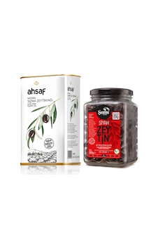 Ahsaf Soğuk Sıkım Natürel Sızma Zeytinyağı 1 L Teneke + Yağlı Siyah Sele Zeytin 1000 G 291320 Cam