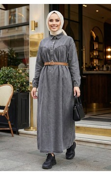 Hb Harma Time Butik Kadın Kemerli Düğmeli Gri Kot Tesettür Elbise