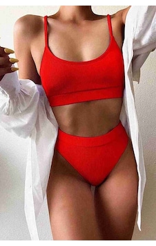 Angelsin Yüksek Bel Fitilli Kumaş Tankini Bikini Üstü Kırmızı 001