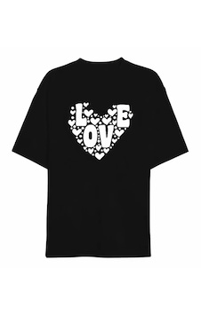Mythrıva 14 Şubat Sevgililer Günü Love Kalp Baskılı Oversize Bisiklet Yaka T-shirt - Siyah