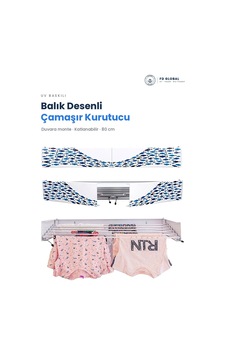 Fd Global Balık Desenli Duvara Monte Katlanır Çamaşır Kurutma Askısı 80 Cm Balkon Askılık Lacivert Lacivert