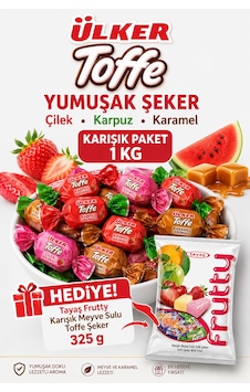 Ülker Toffe Karışık Yumuşak Şeker 1 Kg Çilek, Karpuz Ve Karamel Aromalı + Tayaş Frutty 325 G Hediy Ülker Toffe Karışık Yumuşak Şeker 1 Kg Çilek, Karpuz Ve Karamel Aromalı + Tayaş Frutty 325 G Hediy