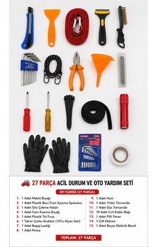 27 Parça Zorunlu Oto Acil Durum Ve Yol Yardım Seti Çekme Halatı Fener Tornavida Pense Alyan Seti