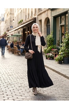 Kadın Düz Renk Dokuma Viskon Kumaş Uzun Tesettür Elbise Siyah
