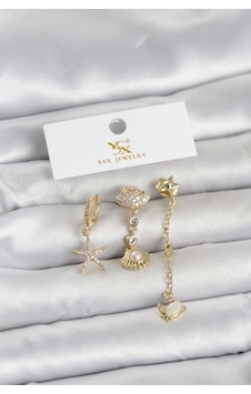 Pirinç Gold Renk Zirkon Taşlı Deniz Temalı 3'lü Kadın Küpe - Lisinya Pirinç Gold Renk Zirkon Taşlı Deniz Temalı 3'lü Kadın Küpe - Lisinya