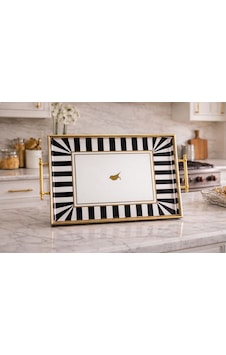 Dikdörtgen Lüx Kulplu Ahşap Tepsi Kuşlu Siyah Beyaz 43x30 Cm Gold Siyah Beyaz