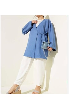Lovie Moda Kadın Yan Bağcıklı Kimono Mavi