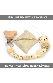 Sahi Aksesuar İsimli Bebek Emzik Zinciri ve Beyaz Taşlı Bebek Künyesi Beyaz