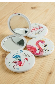 Flamingo Desenli Yuvarlak El Aynası Beyaz