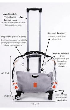 Lüks Şeffaf Çekçekli Tekerlekli Evcil Hayvan Taşıma Valizi Büyük Model