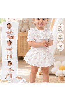 Candar Müslin Kumaş Külot Etekli Bebek Takımı 9/24 Ay Beyaz Candar Müslin Kumaş Külot Etekli Bebek Takımı 9/24 Ay Beyaz
