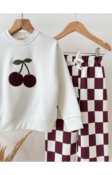 Mila Mood Kız Çocuk Kiraz Nakışlı Sweatshirt Bordo Ekose Bol Paça Pantolon 2'li Takım Krem