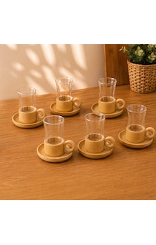 12 Parça Çay Seti - Bambu Bardak Altığı - Çift Cidarlı Cam - 150 Ml Belirtilmemiş
