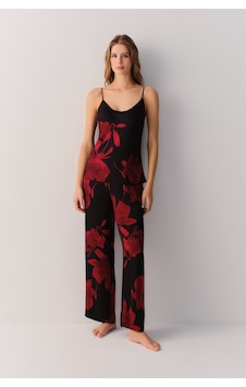 Suwen Seductive Satin İnce Askılı Üst St60116071021 Gül Desenli