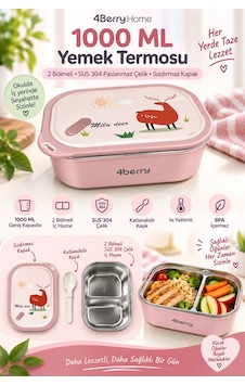 2 Bölmeli Yemek Termosu - Pembe Geyik Desenli Beslenme Kabı - 1000 Ml, Sızdırmaz, Kaşıklı, Paslanmaz Çelik