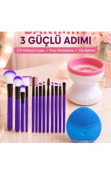 3 Lü Güzellik Ve Kişisel Bakım Seti 12 Li Makyaj Fırçası Fırça Temizleme Cihazı Ve Yüz Temizleme Cih