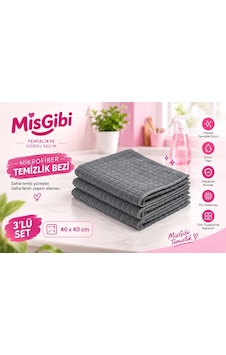 Misgibi Profesyonel 3'lü Mikrofiber Temizlik Bezi Kareli İz Ve Tüy Bırakmayan Gri