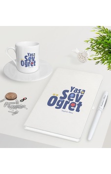 Kişiye Özel Yaşa Sev Öğret Beyaz Defter Kalem Türk Kahvesi Fincan N11.21181 Kişiye Özel Yaşa Sev Öğret Beyaz Defter Kalem Türk Kahvesi Fincan N11.21181