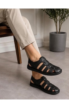 Beren Erkek Hakiki Deri Siyah Kafes Model Ortopedik Taban Cırt Cırtlı Günlük Sandalet Beren Erkek Hakiki Deri Siyah Kafes Model Ortopedik Taban Cırt Cırtlı Günlük Sandalet