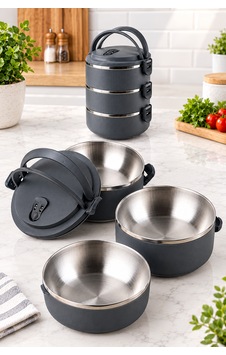 3 Katlı Yeni Nesil Sefer Tası Lunch Box Beslenme Kabı Paslanmaz Çelik 1800 Ml Gri - Siyah 3 Katlı Yeni Nesil Sefer Tası Lunch Box Beslenme Kabı Paslanmaz Çelik 1800 Ml Gri - Siyah