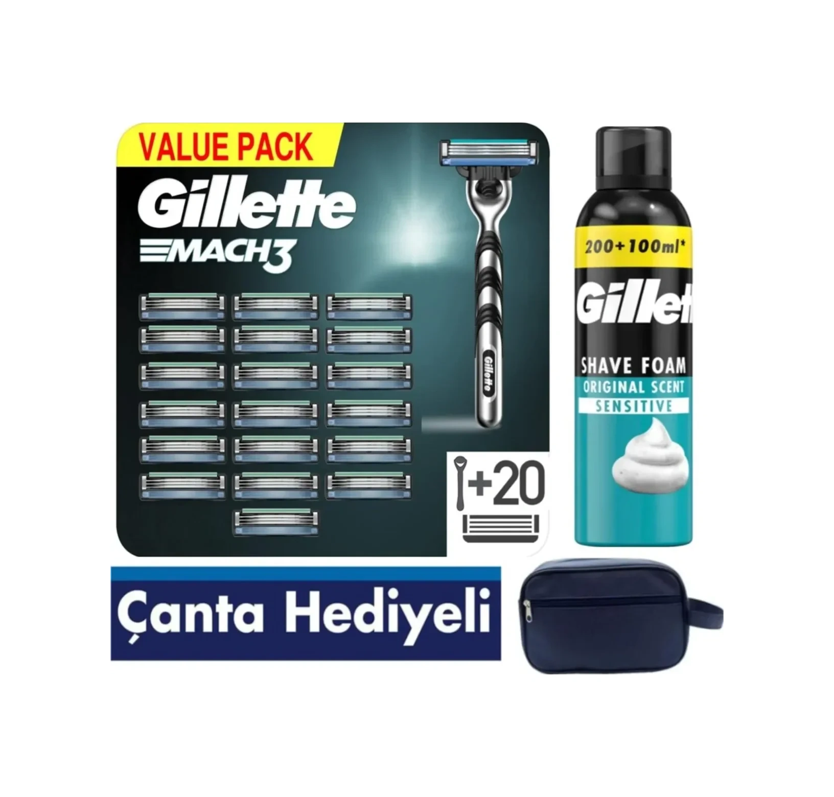 Gillette Mach3 Makine + Mach3 20 Adet Tıraş Bıçağı + Köpük + Çanta Gillette Mach3 Makine + Mach3 20 Adet Tıraş Bıçağı + Köpük + Çanta