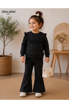Mina Mino Baby Ön Roba Detaylı Taş Baskılı Kız İkili Takım 2-5 Yaş -ba463101256 - Siyah