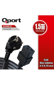 QPORT Q-POWC19 1.5m C19 GÜÇ KABLOSU QPORT Q-POWC19 1.5m C19 GÜÇ KABLOSU