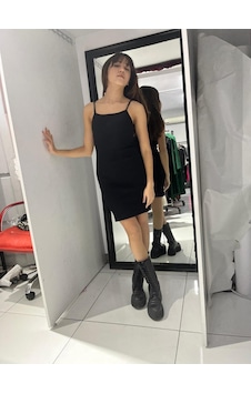 Butik Ayvitrin Askılı Mini Elbise Siyah