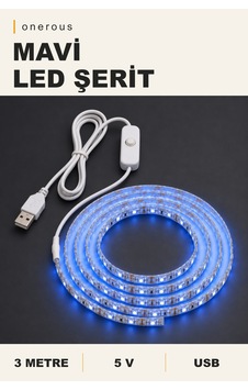 Onerous 3 M 5v Mavi Led Şerit, Anahtarlı, Usb Onerous 3 M 5v Mavi Led Şerit, Anahtarlı, Usb