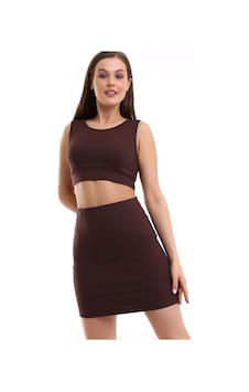 Winmoda34 Kadın Etek-crop 2li Takım Fitilli Kumaş Full Likralı Kahve