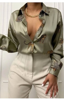 Madmext Mad Girls Leoparlı Vizon Saten Gömlek Mg187