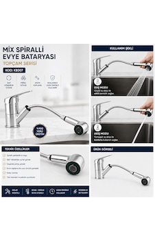 Mix Spiralli Evye Eviye Bataryası Berber Kuaför Bataryası Lavabo Batarya Topçam Serisi Kb307 Krom