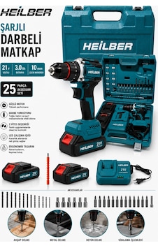 Heilber Ba011530 Şarjlı Darbeli Matkap 21v Çift Akülü 3.0ah 25 Parça Set 10 Mm Çelik Mandren Vidalama Makine Heilber Ba011530 Şarjlı Darbeli Matkap 21v Çift Akülü 3.0ah 25 Parça Set 10 Mm Çelik Mandren Vidalama Makine