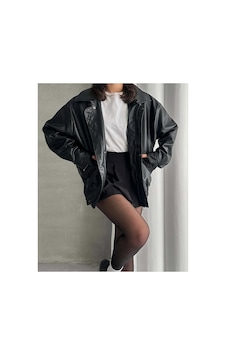 Meecy Unisex Oversize Vintage Siyah Deri Ceket Siyah Siyah
