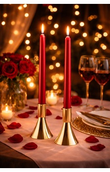 2 Li Gold Şamdan Ve Kırmızı Uzun Şamdan Mumu Seti Romantik Masa Süsü, Şık Ev Dekoru