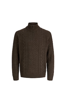 Jack & Jones Authentic Jprblucallum Örgü Desenli Yarım Fermuarlı Dik Yaka Kazak Erkek Kazak 12299947 Kahve